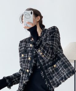 Women's Winter White Duck Down Jacket - Luxury Woolen Coat with Tassels, Small Size, Coarse Tweed Design, Elegant Outerwear