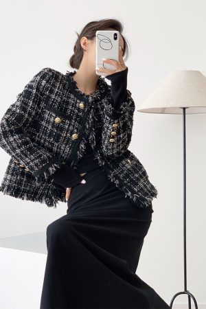 Women's Winter White Duck Down Jacket - Luxury Woolen Coat with Tassels, Small Size, Coarse Tweed Design, Elegant Outerwear