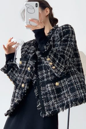Women's Winter White Duck Down Jacket - Luxury Woolen Coat with Tassels, Small Size, Coarse Tweed Design, Elegant Outerwear