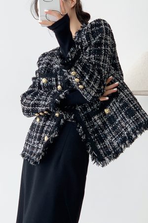 Women's Winter White Duck Down Jacket - Luxury Woolen Coat with Tassels, Small Size, Coarse Tweed Design, Elegant Outerwear
