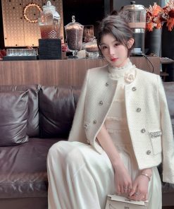 Women's Winter White Knitted Wool Coat with Down Inner Lining - Short Thick Fragrant Design