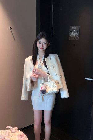 Women's Winter White Knitted Wool Coat with Down Inner Lining - Short Thick Fragrant Design