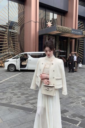 Women's Winter White Knitted Wool Coat with Down Inner Lining - Short Thick Fragrant Design