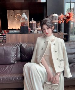 Women's Winter White Knitted Wool Coat with Down Inner Lining - Short Thick Fragrant Design