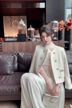 Women's Winter White Knitted Wool Coat with Down Inner Lining - Short Thick Fragrant Design