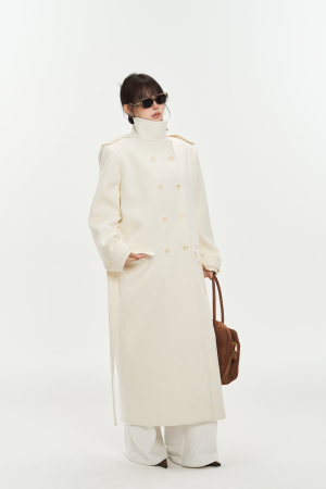 Wool Blend Double-Breasted Long Coat for Women with Shoulder Flap - Stylish Winter Outerwear, Perfect for 90s and Y2K Fashion