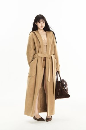 Woolen Hooded Coat for Women, Oversized Elegant Tie Design, Autumn Winter Fashion, Long High-Quality Overcoat