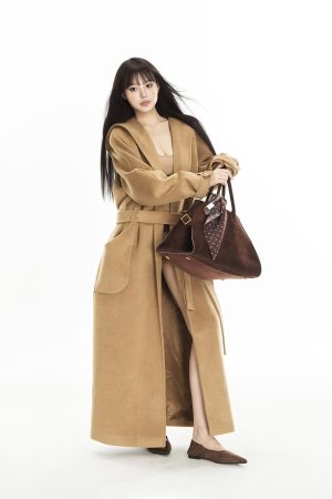 Woolen Hooded Coat for Women, Oversized Elegant Tie Design, Autumn Winter Fashion, Long High-Quality Overcoat