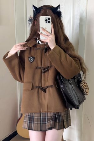Woolen Hooded Toggle Coat for Women - Pudding Bear Inspired JK Uniform Winter Casual Outerwear in Loose College Style