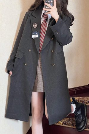 Woolen JK Uniform Coat for Women, Textured Loose Fit Outerwear, Winter College Style, Small Size, Pudding Bear Inspired Design