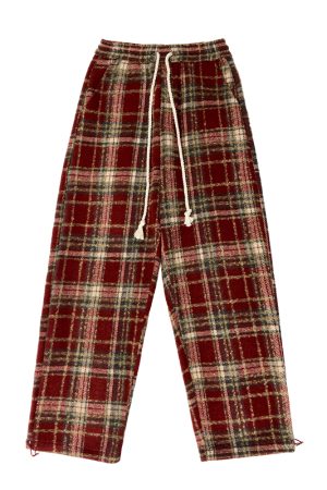 Woolen Plaid Pants for Women, Retro Loose Straight-Leg Wide-Leg Casual Trousers, American Y2K Style Petite Fashion