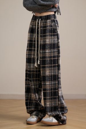 Woolen Plaid Pants for Women, Retro Loose Straight-Leg Wide-Leg Casual Trousers, American Y2K Style Petite Fashion