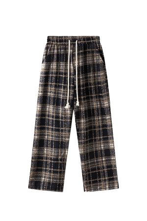 Woolen Plaid Pants for Women, Retro Loose Straight-Leg Wide-Leg Casual Trousers, American Y2K Style Petite Fashion