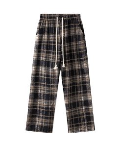 Woolen Plaid Pants for Women, Retro Loose Straight-Leg Wide-Leg Casual Trousers, American Y2K Style Petite Fashion