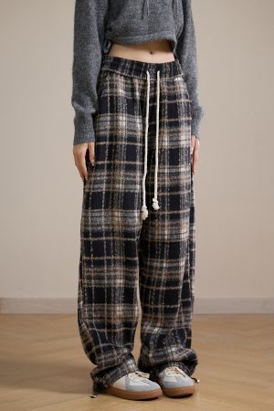 Woolen Plaid Pants for Women, Retro Loose Straight-Leg Wide-Leg Casual Trousers, American Y2K Style Petite Fashion