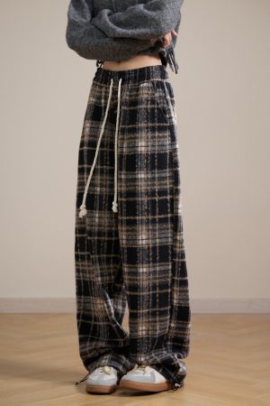 Woolen Plaid Pants for Women, Retro Loose Straight-Leg Wide-Leg Casual Trousers, American Y2K Style Petite Fashion