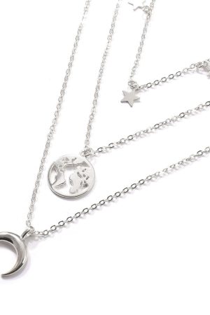 World Map Alloy Pendant Necklace with Five-Pointed Star and Crescent Charm - Women's European and American Jewelry Accessories