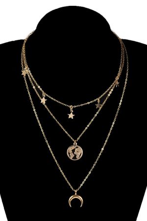 World Map Alloy Pendant Necklace with Five-Pointed Star and Crescent Charm - Women's European and American Jewelry Accessories
