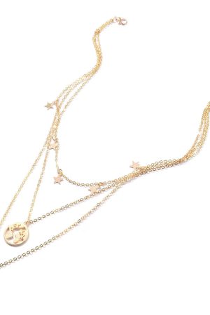 World Map Alloy Pendant Necklace with Five-Pointed Star and Crescent Charm - Women's European and American Jewelry Accessories