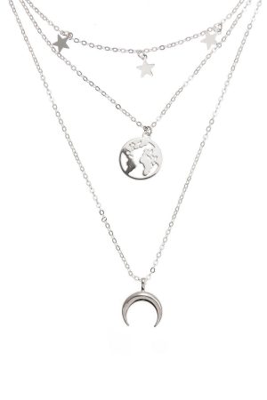 World Map Alloy Pendant Necklace with Five-Pointed Star and Crescent Charm - Women's European and American Jewelry Accessories