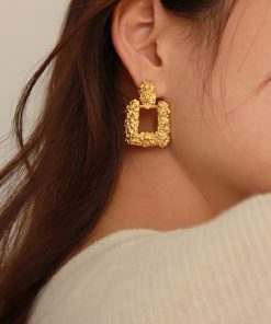 Wrinkled Texture French High-Fashion Square Pendant Gold Earrings - Retro Niche Trendy Hypoallergenic Jewelry