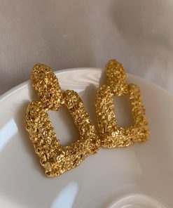 Wrinkled Texture French High-Fashion Square Pendant Gold Earrings - Retro Niche Trendy Hypoallergenic Jewelry