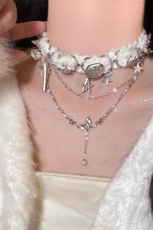 Y2K Choker Collarbone Chain for Women - Star Patchwork Plush Neck Chain, Autumn Winter Accessory for Sweet Cool Spicy Style