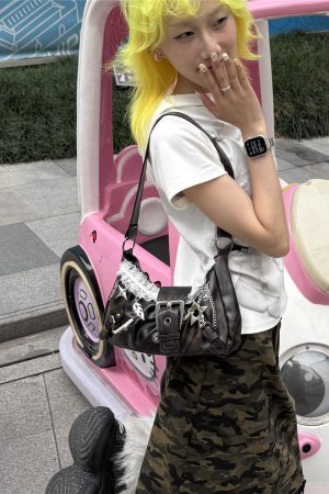 Y2K Crescent Crossbody Bag - Millennial Motorcycle Design Handbag for Underarm Use, Trendy Sweet Cool Style