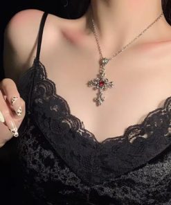 Y2K Dark Cross Necklace for Girls - Gothic Lolita Sweater Neck Chain Accessory for Halloween and Subculture Style