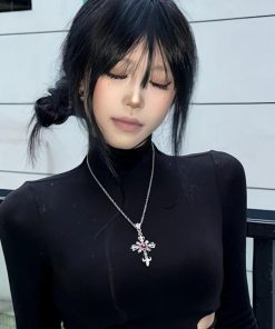 Y2K Dark Cross Necklace for Girls - Gothic Lolita Sweater Neck Chain Accessory for Halloween and Subculture Style