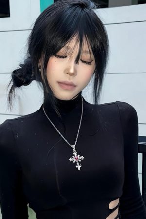 Y2K Dark Cross Necklace for Girls - Gothic Lolita Sweater Neck Chain Accessory for Halloween and Subculture Style