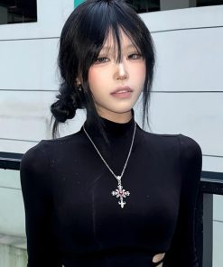 Y2K Dark Cross Necklace for Girls - Gothic Lolita Sweater Neck Chain Accessory for Halloween and Subculture Style