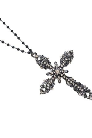 Y2K Dark Punk Style Water Drill Cross Necklace Retro Sweater Chain for Cool Spicy Girls