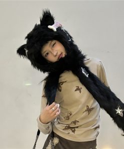 Y2K Dark Style Plush Hat, Scarf, and Gloves Set - Cozy Autumn and Winter Accessories for 2025