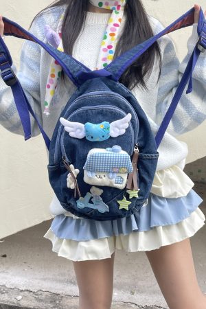 Y2K Denim Fairy Backpack with Small Wings - Playful and Quirky Backpack for Cute Girls