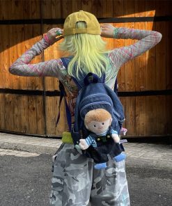 Y2K Denim Plush Doll Backpack with Double Shoulder Straps for Fun Commuting - Cute Small Backpack for Everyday Use