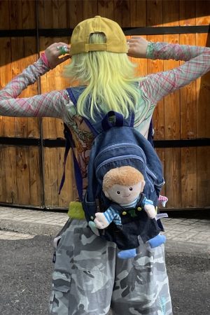 Y2K Denim Plush Doll Backpack with Double Shoulder Straps for Fun Commuting - Cute Small Backpack for Everyday Use