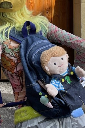 Y2K Denim Plush Doll Backpack with Double Shoulder Straps for Fun Commuting - Cute Small Backpack for Everyday Use