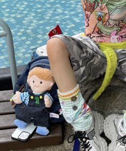 Y2K Denim Plush Doll Backpack with Double Shoulder Straps for Fun Commuting - Cute Small Backpack for Everyday Use