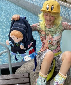 Y2K Denim Plush Doll Backpack with Double Shoulder Straps for Fun Commuting - Cute Small Backpack for Everyday Use