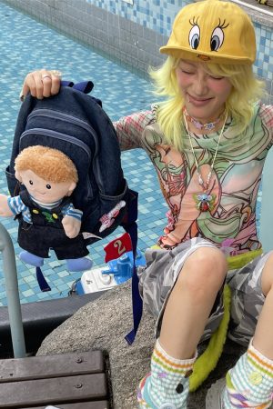 Y2K Denim Plush Doll Backpack with Double Shoulder Straps for Fun Commuting - Cute Small Backpack for Everyday Use
