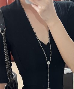 Y2K Gothic Cross Necklace Hoodie with Black Stone Chain - Sweet Cool Hot Girl Fashion Long Sweater Accessories