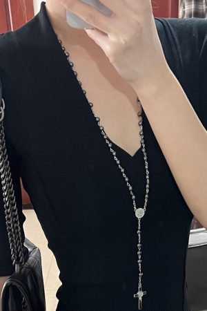 Y2K Gothic Cross Necklace Hoodie with Black Stone Chain - Sweet Cool Hot Girl Fashion Long Sweater Accessories