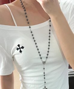 Y2K Gothic Cross Necklace Hoodie with Black Stone Chain - Sweet Cool Hot Girl Fashion Long Sweater Accessories