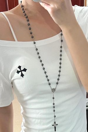 Y2K Gothic Cross Necklace Hoodie with Black Stone Chain - Sweet Cool Hot Girl Fashion Long Sweater Accessories