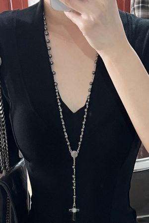 Y2K Gothic Cross Necklace Hoodie with Black Stone Chain - Sweet Cool Hot Girl Fashion Long Sweater Accessories