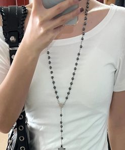 Y2K Gothic Cross Necklace Hoodie with Black Stone Chain - Sweet Cool Hot Girl Fashion Long Sweater Accessories