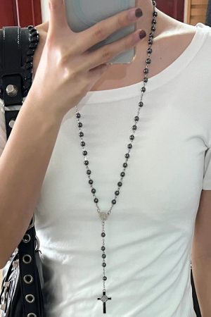 Y2K Gothic Cross Necklace Hoodie with Black Stone Chain - Sweet Cool Hot Girl Fashion Long Sweater Accessories