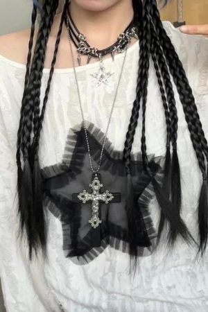 Y2K Gothic Girl Cross Necklace Leather Choker Neck Chain Sweet Cool Sweatshirt Clavicle Accessory for Bold Style