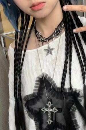 Y2K Gothic Girl Cross Necklace Leather Choker Neck Chain Sweet Cool Sweatshirt Clavicle Accessory for Bold Style